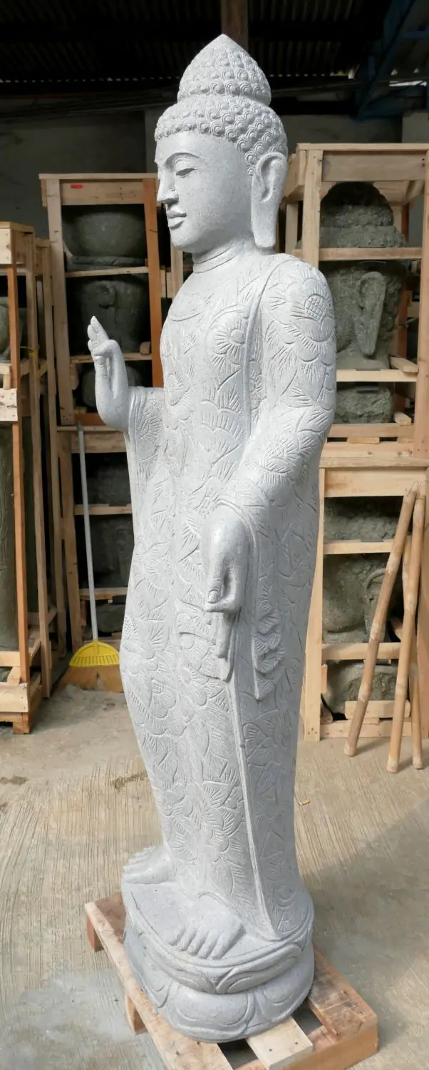  Product image 4 of the product “Standing Buddha with floral carving, Abudaya position. 50 x 32 x 178cm. Natural stone (river stone), stonemasonry ”